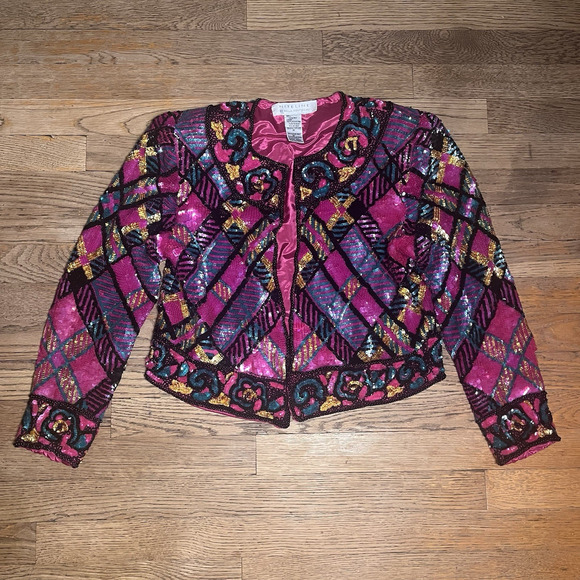 Vintage Niteline Sequin Blazer Silk Jacket Pink Party Evening 90s Womens Medium - Picture 2 of 16